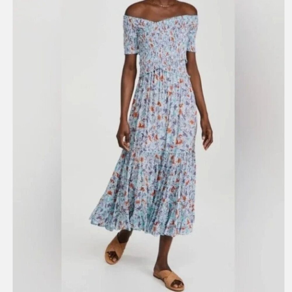 Poupette St. Barth Soledad Smocked Off-Shoulder Midi Dress Blue‎ Size Small NWT